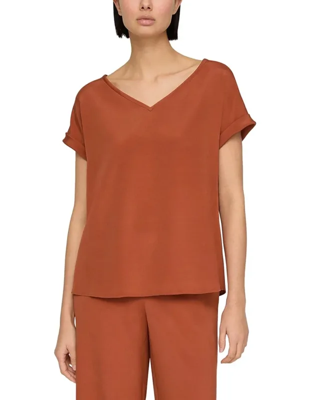 Wide V-neck Cuff Sleeve Silk-blend Blouse
