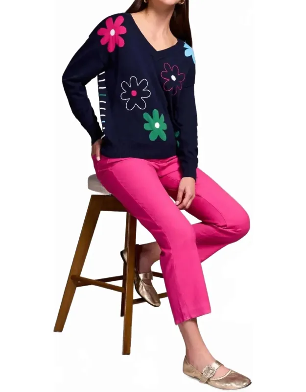 Embroidered Daisy Flowers Front Cotton Sweater