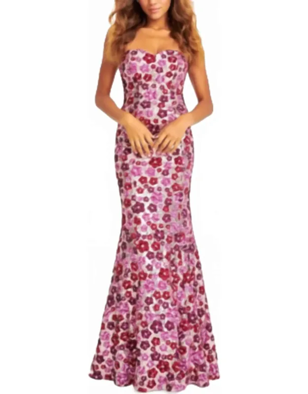 Strapless Sequin Mermaid Dress With Colorful Floral Design