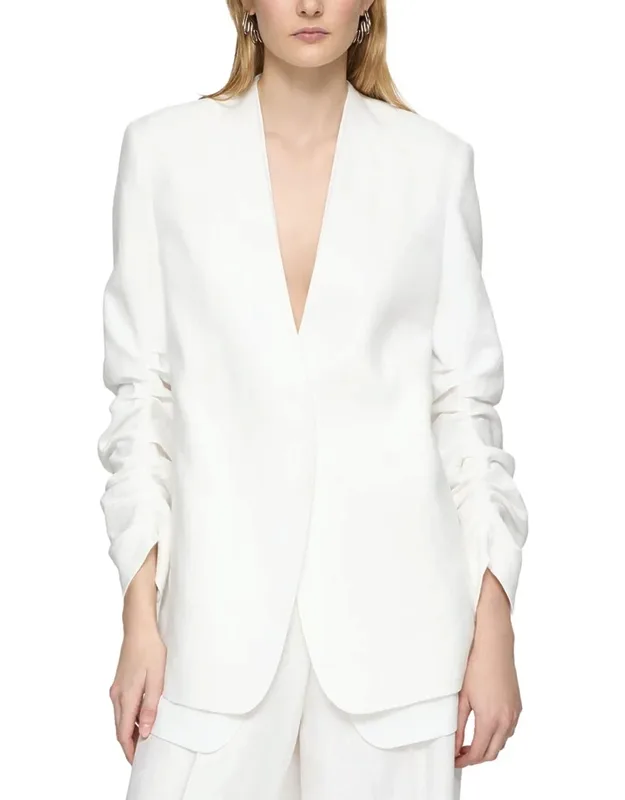 V-neck Ruched Sleeve Linen Blazer