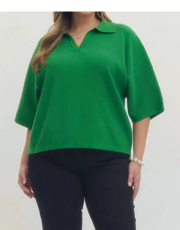 Solid V-neck Collared Top