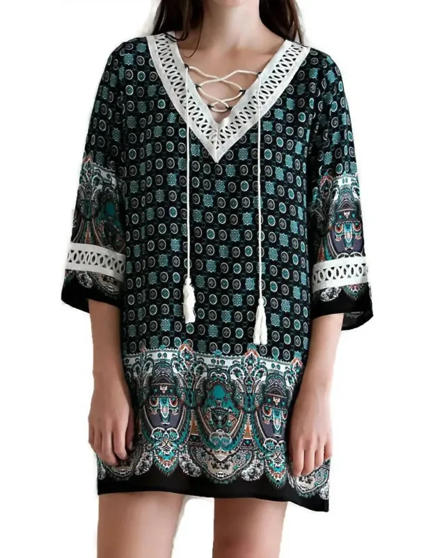 Border Print Tassel Tie Mini Dress