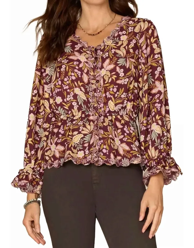 Long Tie Sleeve V-neck Printed Woven Top