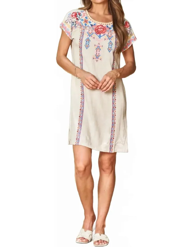 Linen Blend Embroidered Shift Dress