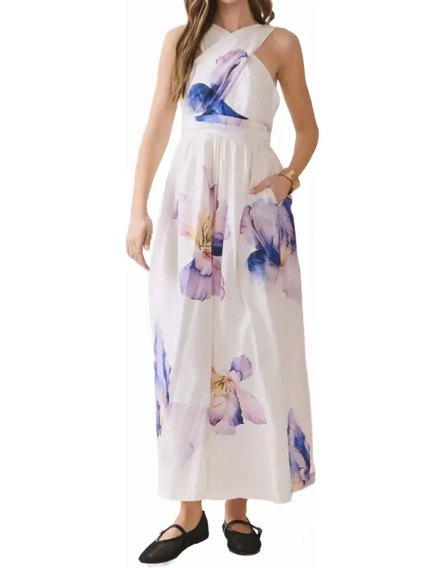 Floral Print Cross Halter Neck Midi Dress