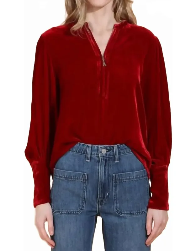 Silk Velvet Zip Front Blouse