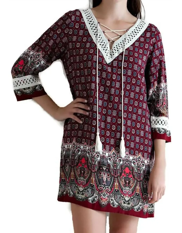 Border Print Tassel Tie Mini Dress