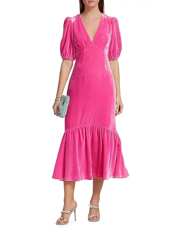 Ester Puff-sleeve Velvet Midi-dress