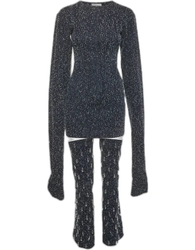 Textured Denim Mini Dress And Embellished Stockings Set