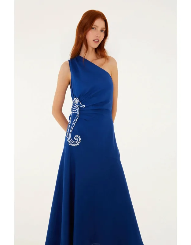 Seahorse Embroidery One-shoulder Maxi Dress