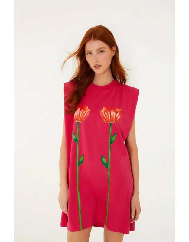 Tropical Rose Padded Shoulder Organic Cotton Mini Dress