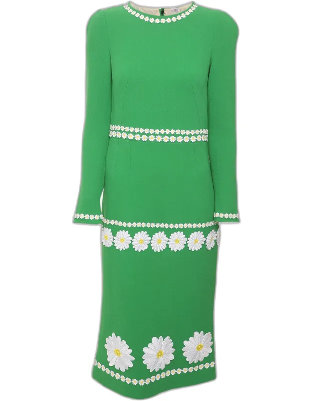 Stretch Crepe Daisy Embroidered Midi Dress