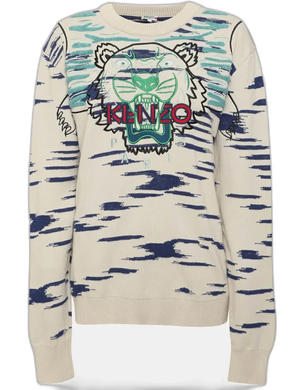 Multicolor Rib Knit Claw Tiger Crew Neck Sweater