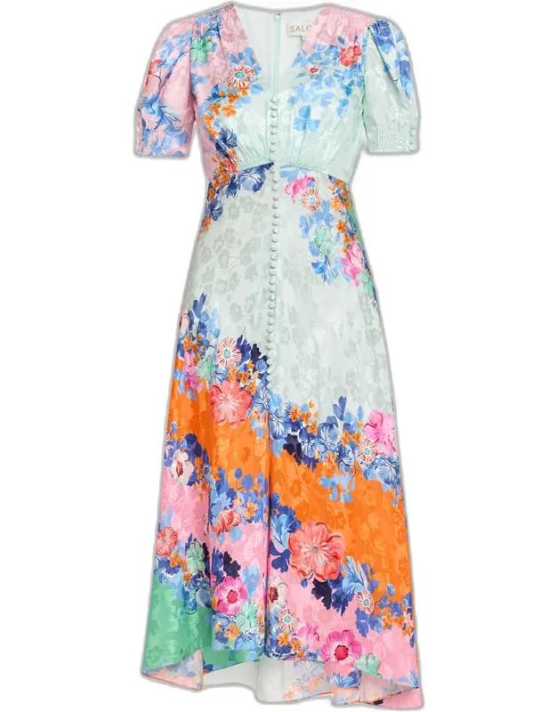 Floral Silk Jacquard Button-front Midi Dress