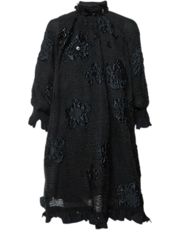 Floral Appliqué Textured Wool Blend Mini Dress