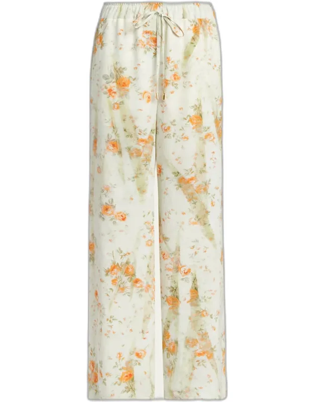 Floral Silk Straight-leg Pajama Trousers