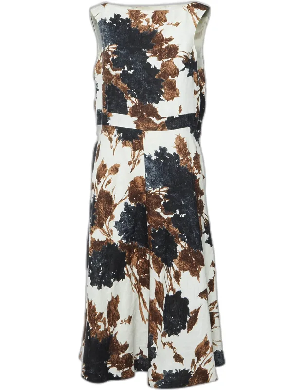 Abstract Botanical Print Linen Midi Dress