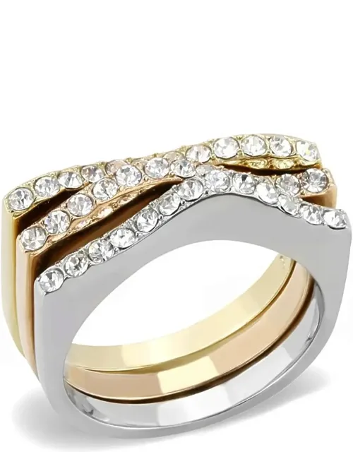 Three Tone Stainless Steel Ring With Top Grade Crystal In Clear
