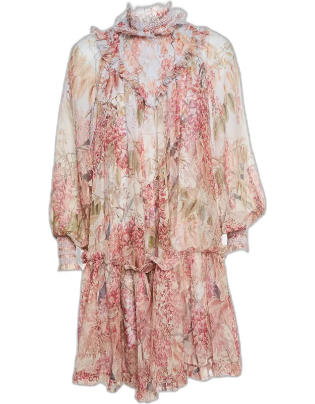Multicolor Botanica Print Chiffon Smocked Mini Dress
