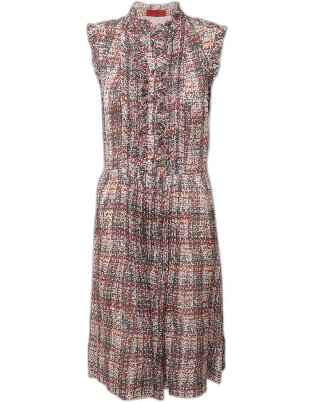 Multicolor Printed Silk Pleated Midi Dress