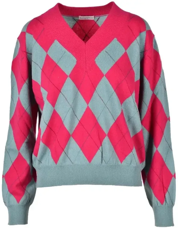 Argyle Pattern Cashmere Pullover Sweater, V-neckline, Ribbed Cuffs And Hem