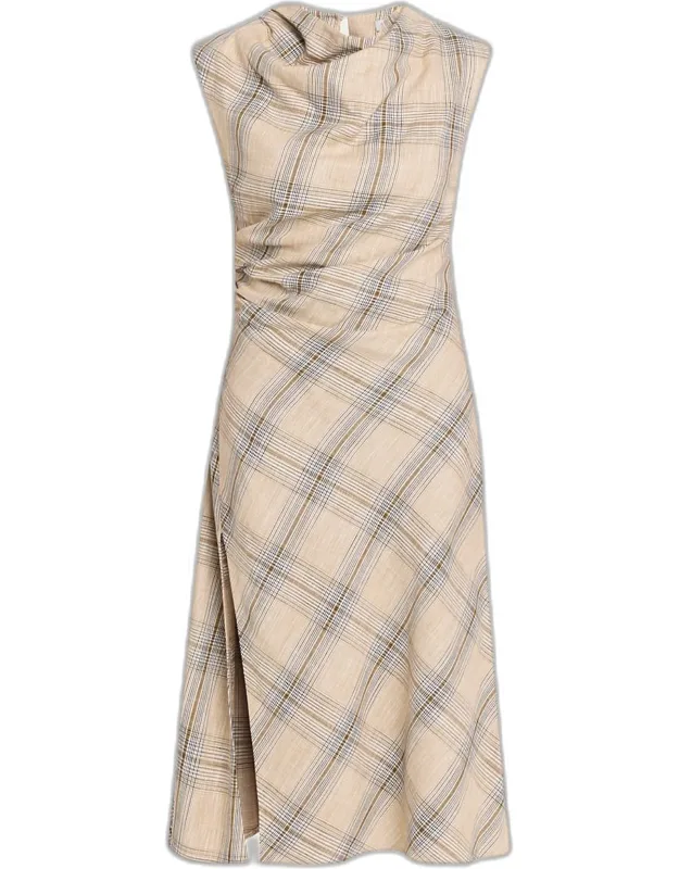Draped Plaid Midi Dress