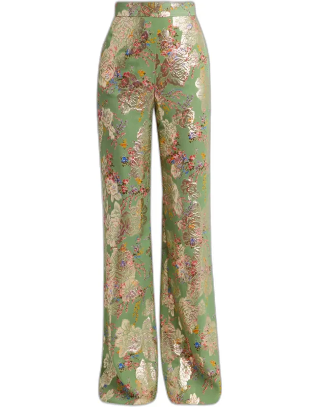 Metallic Floral Jacquard Straight-leg Pants