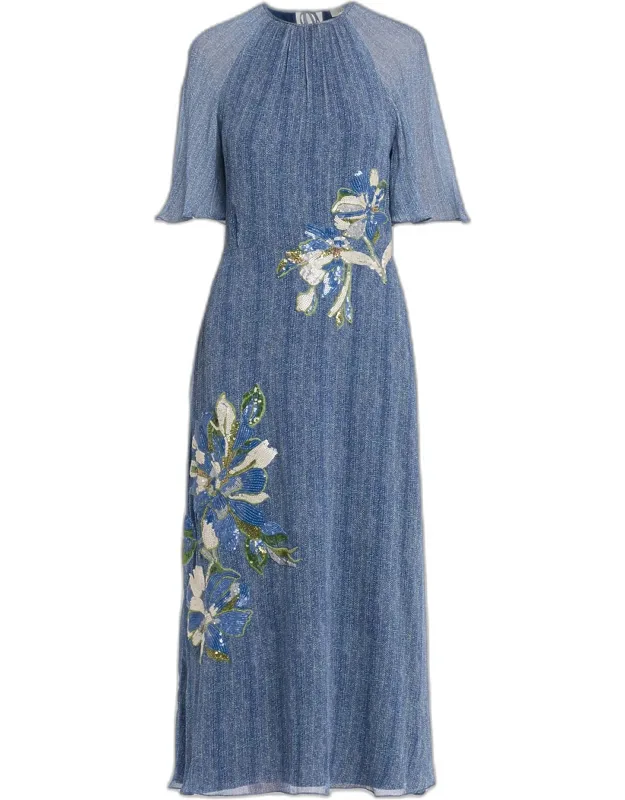 Floral Embroidery Flutter-sleeve Midi Dress