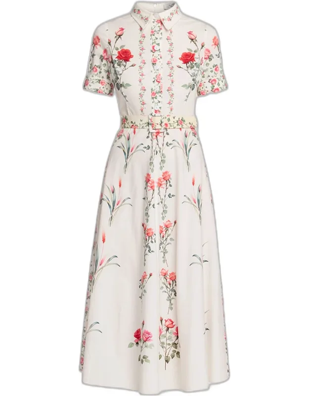 Rose-print Cotton Collared Dress