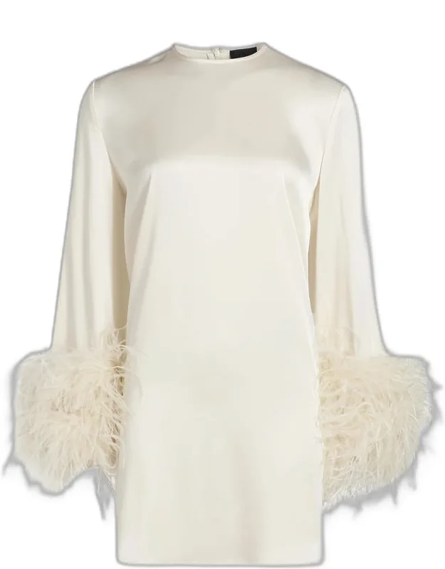 Feather-embellished Long-sleeve Satin Mini Shift Dress