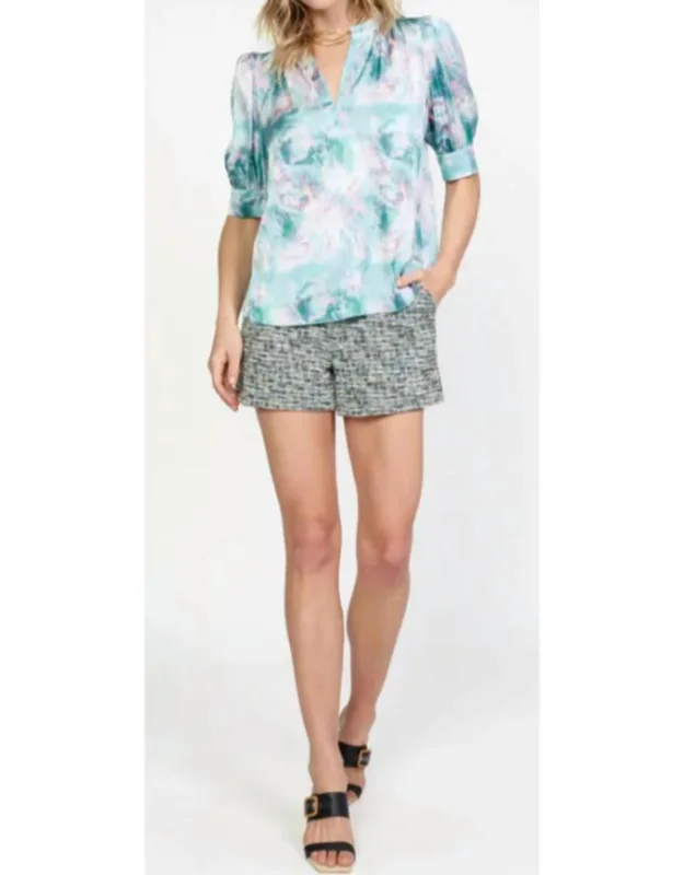 Abstract Printed Short Sleeve Ruffled Split Neck Blouse