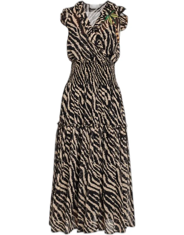 Animal-print Smocked Silk Chiffon Maxi Dress