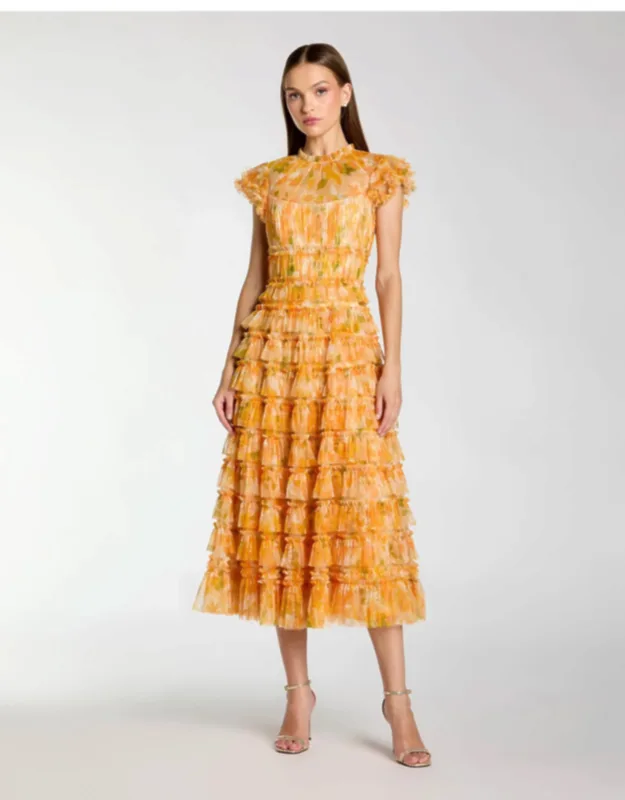 Floral High Neck Flutter Sleeve Midi Dress