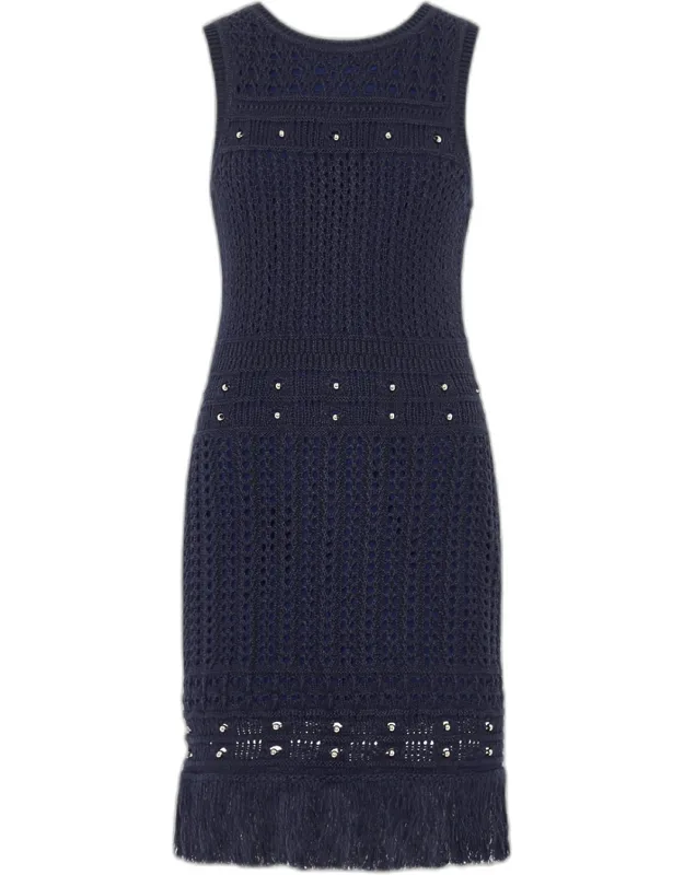 Beaded Fringe Knit Shell Mini Dress