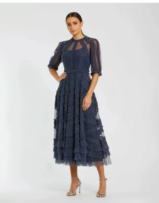 Petite High Neck Ruffle Tiered A-line Midi Dress