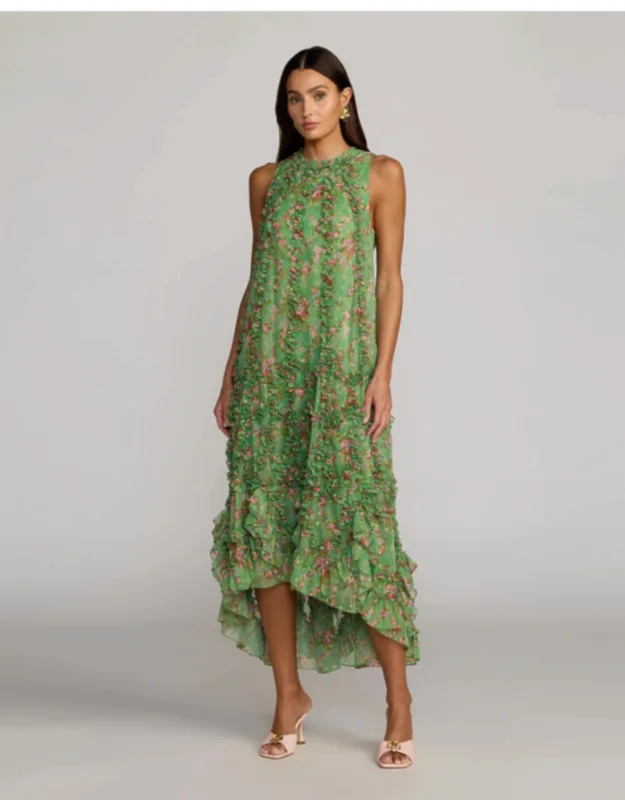 Sleeveless Floral Chiffon Micro Ruffle Trapeze Midi Dress