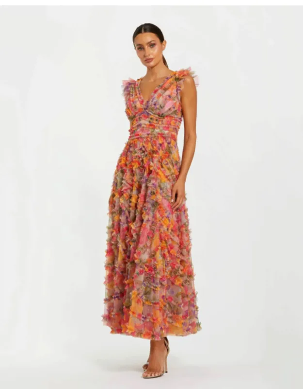 Multicolor Floral V-neck Ruffle Maxi Dress
