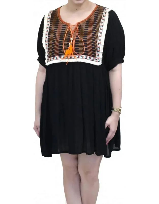 Embroidered Fringed Mini Dress