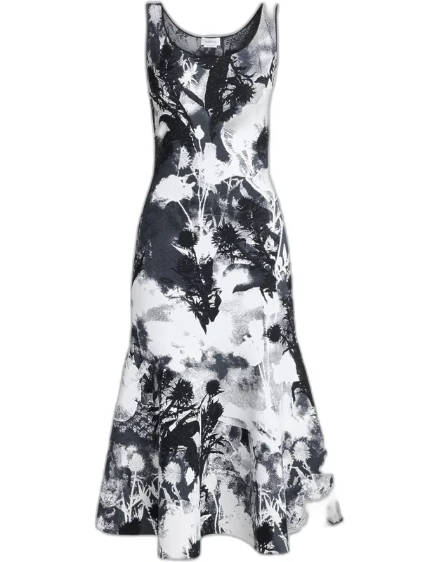 Flowers Jacquard Compact Knit Trumpet Midi Dress