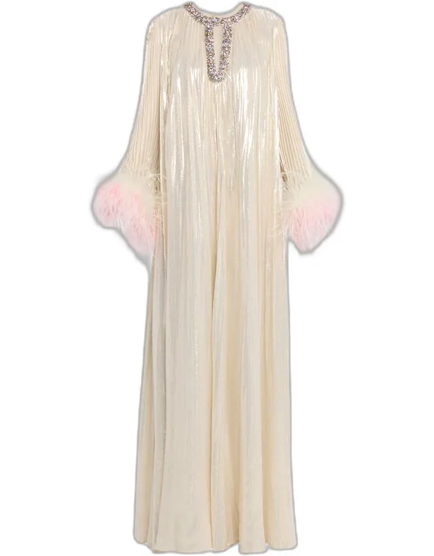 Pleated Metallic Maxi Dress With Ombre Feather Cuffs