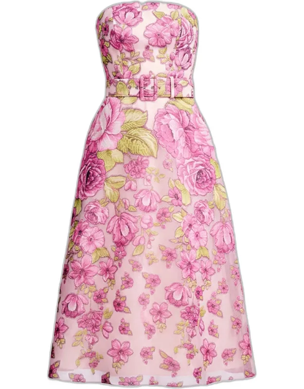 Strapless Floral Jacquard Midi Dress