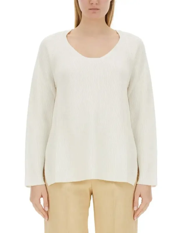V-neck Sweater With Ribbed Texture And Side Slits