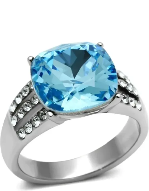 High Polished Stainless Steel Ring With Top Grade Crystal, 12 Mm Sea Blue Center Stone