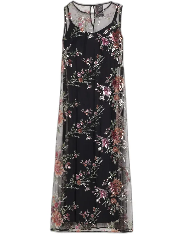Siza Sleeveless Floral Sequined Mesh Maxi Dress