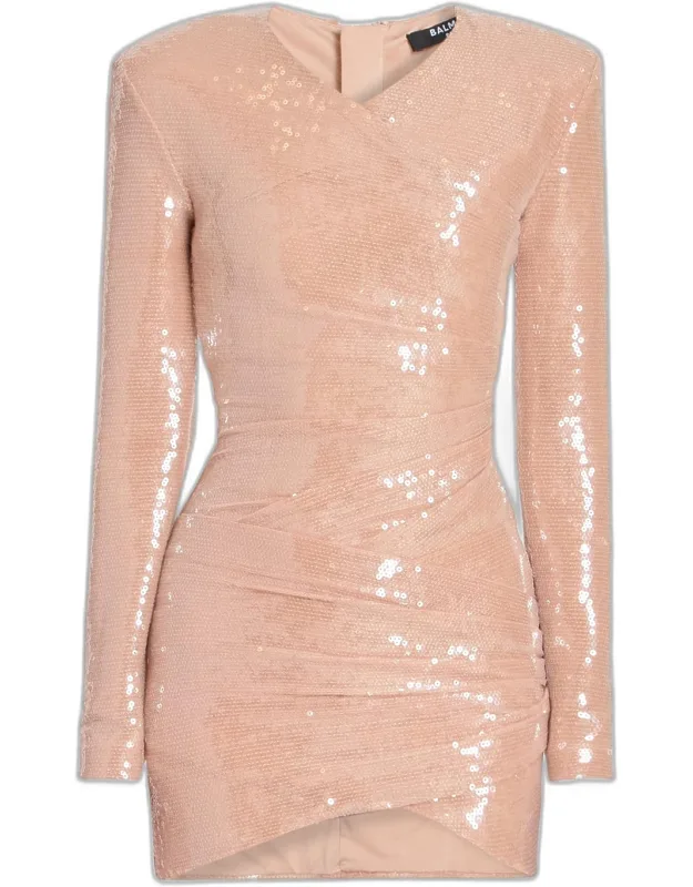 Sequined Long-sleeve Draped Bodycon Mini Dress