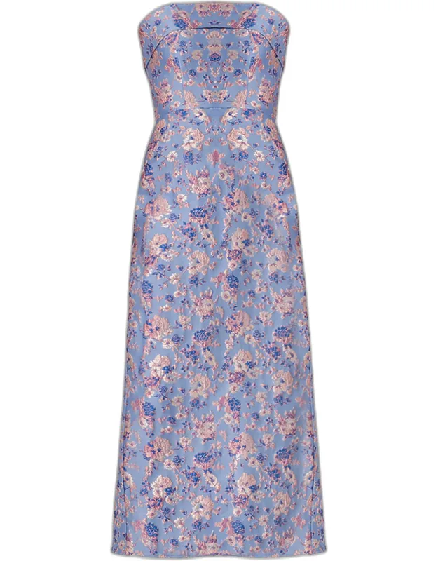 Strapless Floral Jacquard Midi Dress