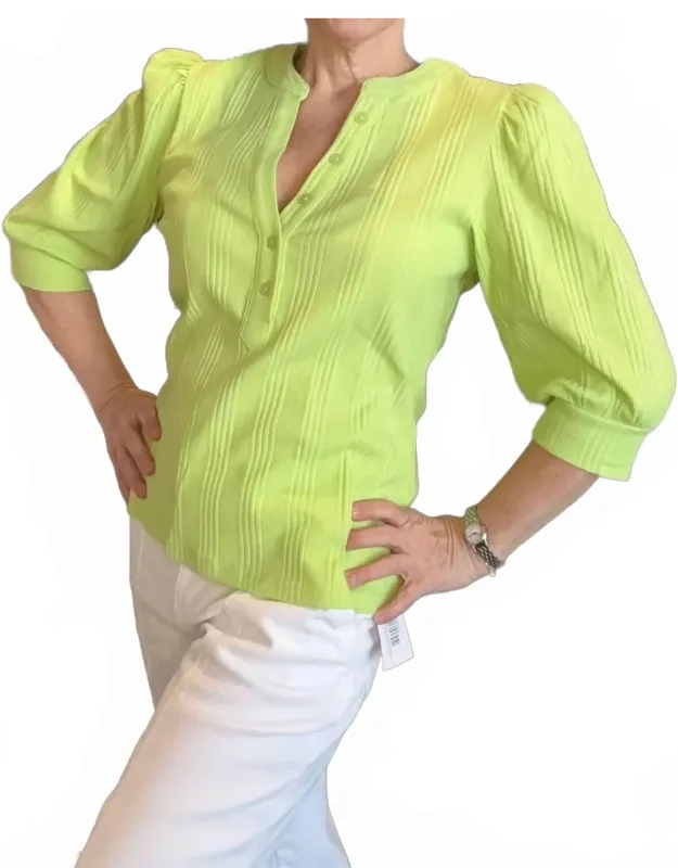 Button Front Elbow Sleeve Ribbed Top
