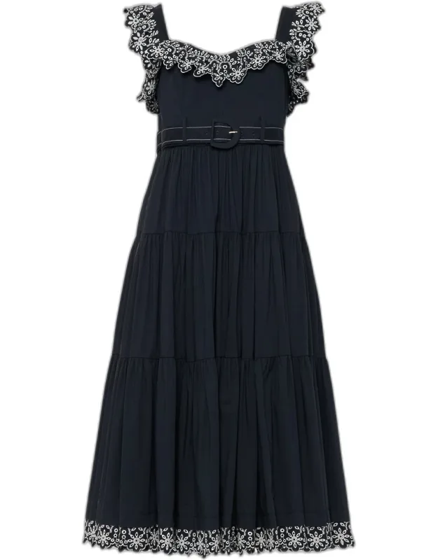 Embroidered Tiered Midi Dress