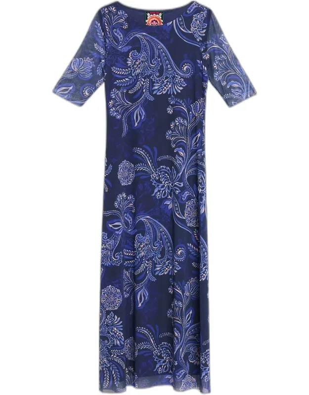 Floral Mesh Elbow-sleeve Midi Dress