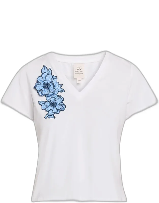 Floral Appliqué V-neck T-shirt